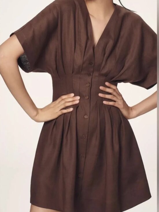 Anthropologie Dresses & Skirts - Anthropologie The Tobie Linen Pleated Mini Shirt Dress by Exquise